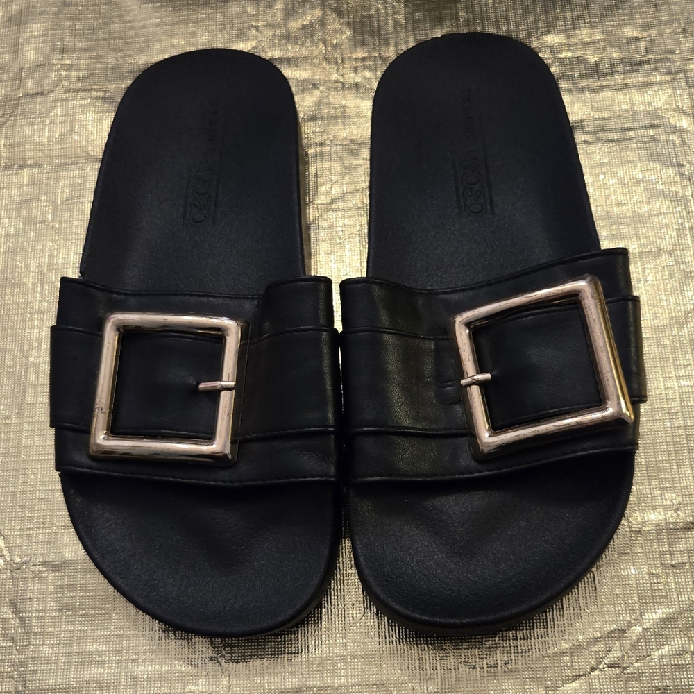 ASOS black slides sandals with gold buckle, US size 4